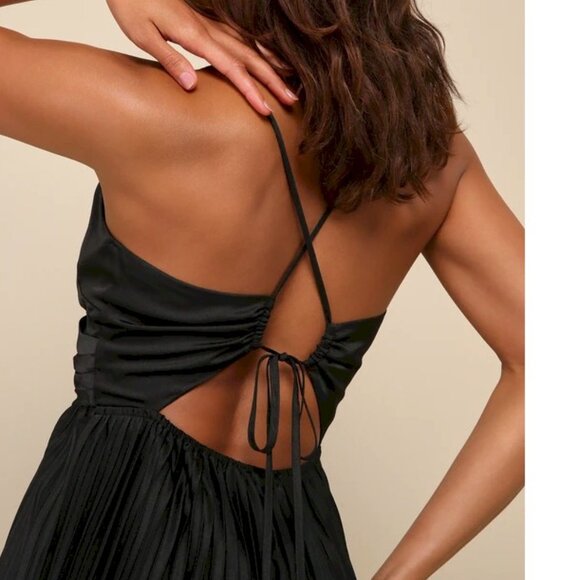 Precious Sentiments Black Satin Pleated Tie-Back Maxi Dress Size Small New NWT - Picture 3 of 9